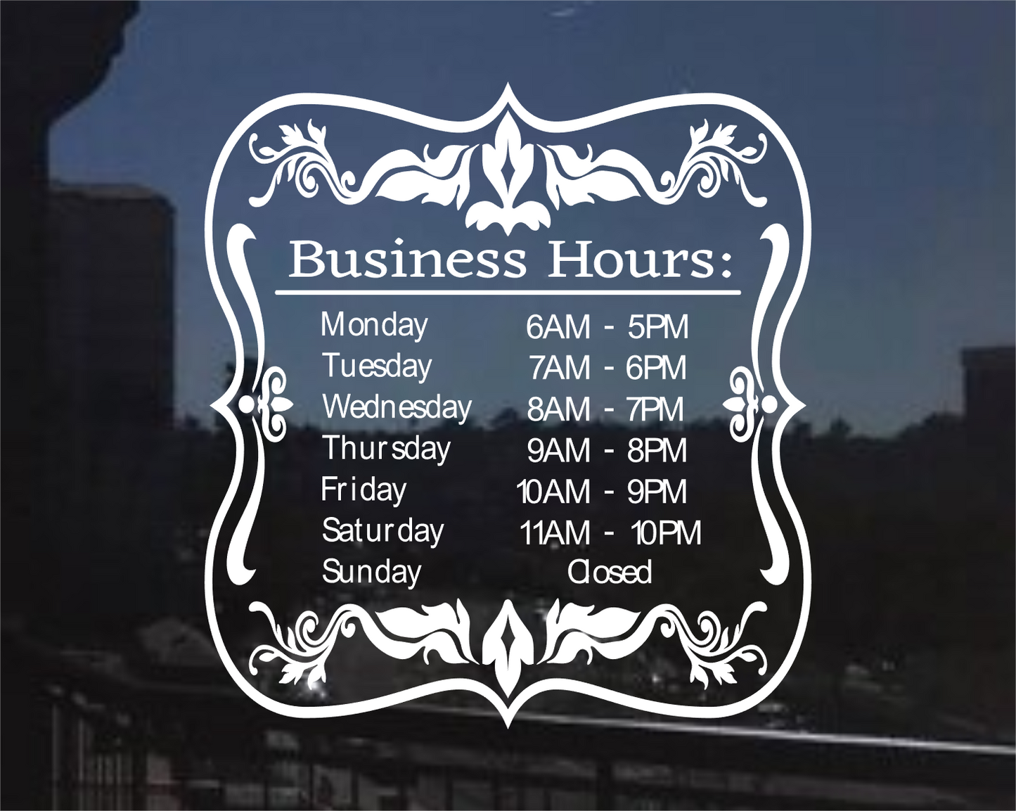 Custom Store Hours Vinyl Window Decal
